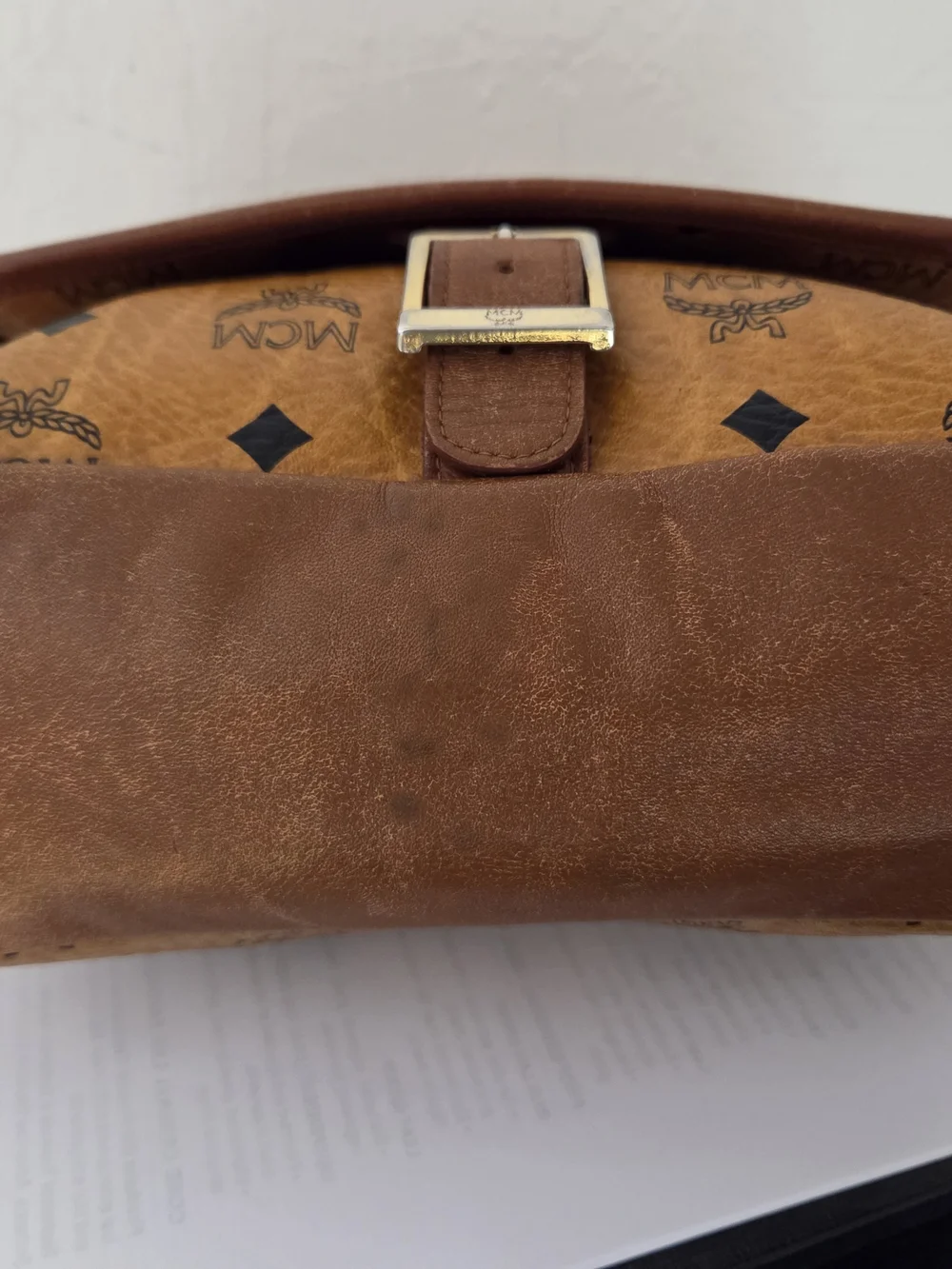 MCM Cognac Logo Flap Messenger Bag With Buckle - Cognac Visetos